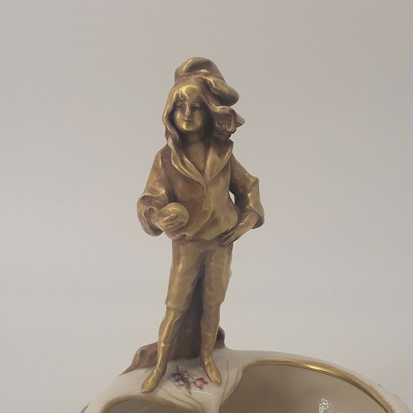 Bronze Austrian Teplitz Amphora Porcelain Bowl with Boy Flowers 8" c.1892-1905 - Picture 5 of 8